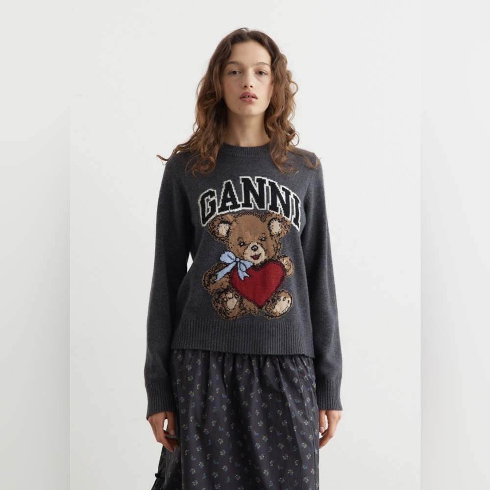 Ganni Charcoal Gray Teddy Heart Knit Sweater with Red Accent